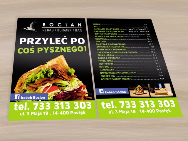 Wykonanie ulotek dla baru Bocian z Pasłęka
